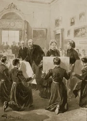 Les garçons de Bluecoat montrant leurs dessins à la reine Victoria au palais de Buckingham, 3 avril 1873, de 